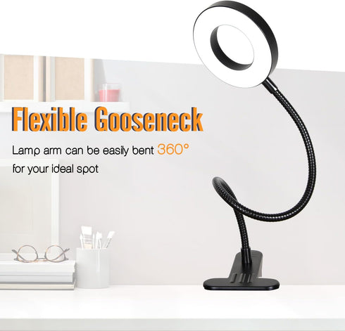 Clamp on Desk Lamp, 8W Clip Light with 3 Color Options, 10 Dimmable Illumination Modes (Black)