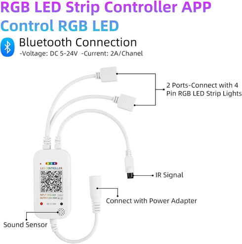 4-PIN 40-Keys 5V/12V/24V 5050 3528 RGBZONE Bluetooth RGB LED Controller, Smart Music LED Strip Lights Controller, IR