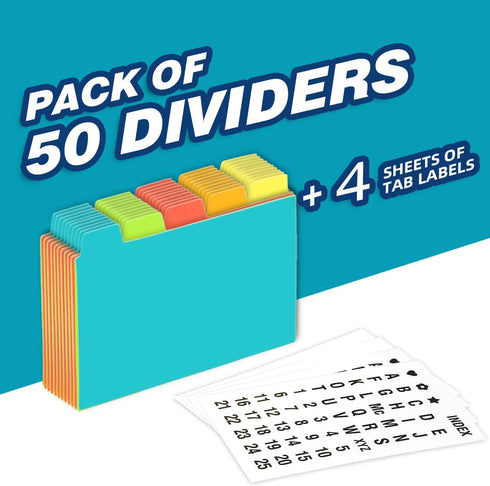 Chell 4x6 Poly Index Card Dividers, Heavyweight Index Card Guides A-Z for Flash Cards and Recipe Cards, with Alphabetical/Blank Stickers, Pack of 50 by chell