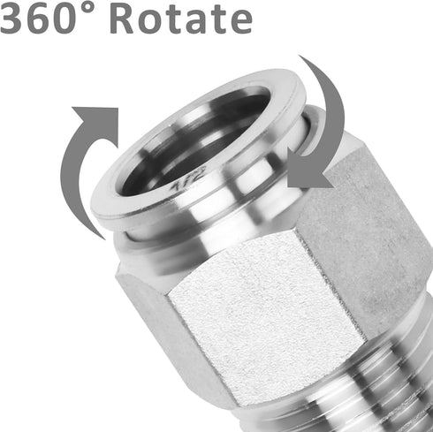 Push to Connect Fitting, 304 Stainless Steel Male Straight 1/2" Tube OD x 3/8" NPT Thread (Pack of 5)