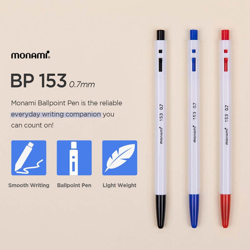 MONAMI BP 153 Retractable Ballpoint Pen, Fine Point (0.7mm), Blue, 12-Count