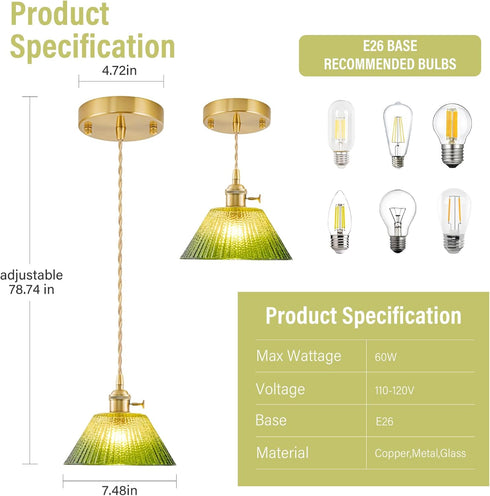 FONTA VERDE Vintage Pendant Lights Kitchen Island, Adjustable Brass Pendant Light Fixtures with Gradient Green Glass