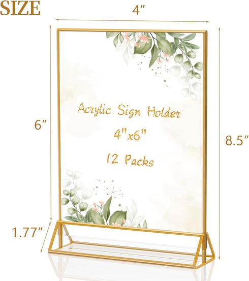 KILY-WILY 12 Packs 4 6 x Gold Frames Clear Acrylic Sign Holder Double Sided Wedding Table Number Holder Plastic Gold