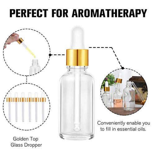 PrettyCare Eye Dropper Bottle 2 oz, 12 Pack Clear Glass Bottles with Golden Caps, Labels, Funnel & Pipettes