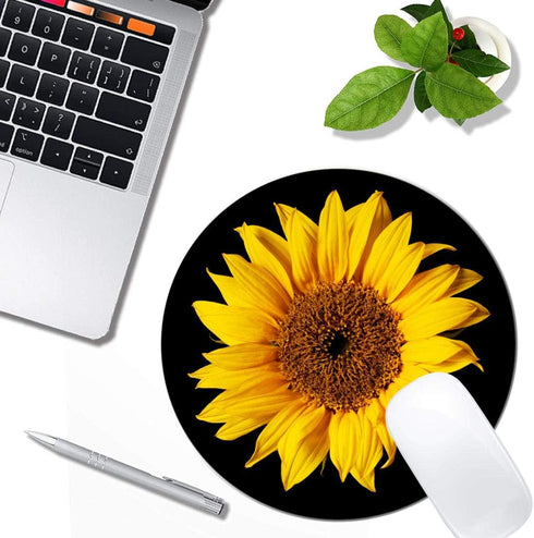 Sunflower On Black Mouse Pad, Round Non-Slip Rubber Mousepad for Laptop Office Computer Decor, Cute Desk Accessories
