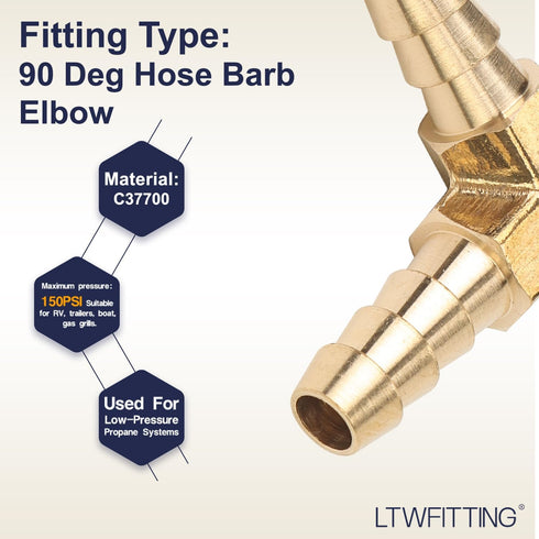 LTWFITTING 90 Deg Elbow Brass Barb Fitting - 1/4-Inch x 1/4-Inch Hose ID Generator Fuel Filter (Pack of 5)