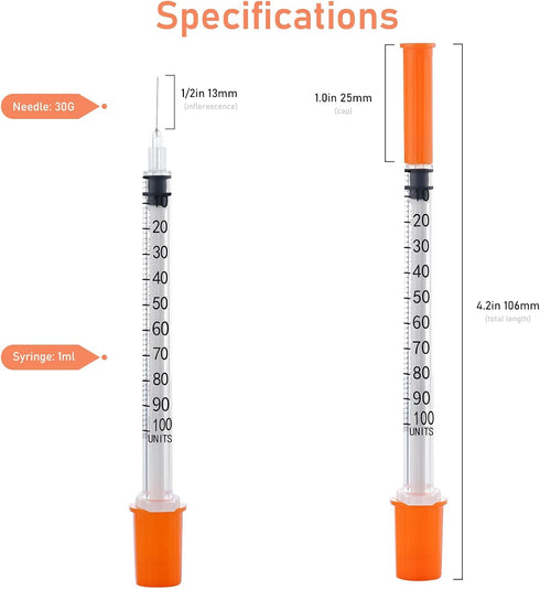 U 100 1cc Syringe, 1ml 30 Gauge 1/2 inch Disposable Lab Supplies, 100 per Box