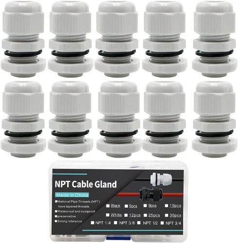3/8 Cable Glands White PA66 Connector, IP68 Waterproof Adjustable Cord Grip Strain Relief Connectors