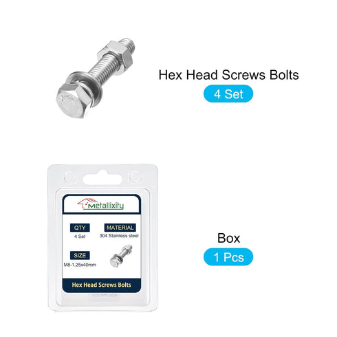 Hex Head Screws Bolts, Nuts, Flat & Lock Washers Kits (M8-1.25x40mm) 4 Set, Stainless Steel Machine Screws