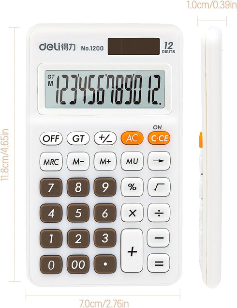 deli 12 Digit Standard Function Basic Calculator, Large LCD Display, Dual Power Office Calculator, White