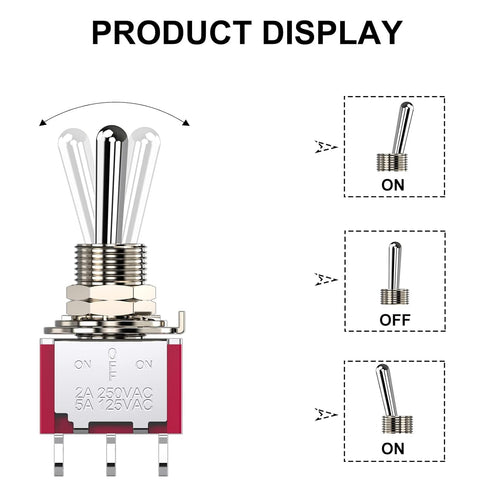 Toggle Switch AC 5A/125V 2A/250V, 3 Pin Terminals On/Off/On 3 Position SPDT Mini Toggle Switch, 10Pcs
