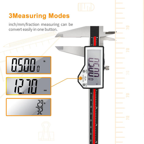 Digital Caliper, 8" Waterproof Electronic Vernier Caliper, Industrial Stainless Steel Measuring Tool with Large LCD