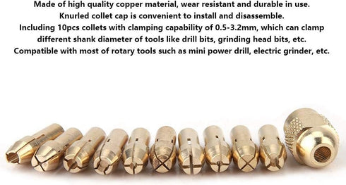 Drill Collet Set, 11pcs 4-jaw Copper Drill Chuck for Mini Electric Power Drill, 0.5-3.2mm
