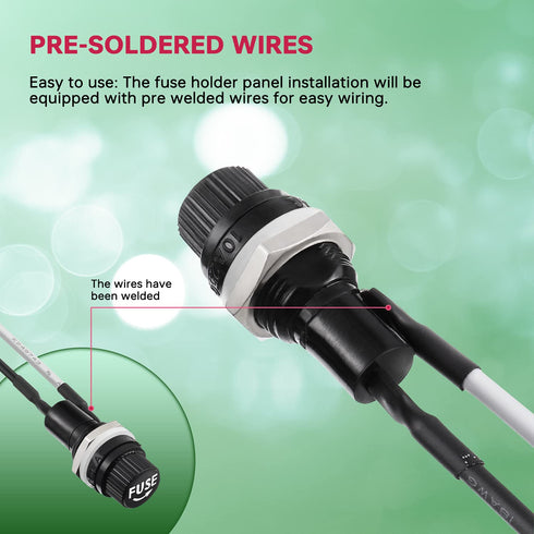 Panel Mount Fuse Holder 5X20 mm 250V AC 10A 125V AC 15A 12V DC with Pre-Soldered Wires and Fuse Kit