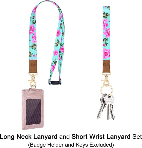 Wisdompro Cute Wrist & Neck Lanyard for Women, Breakaway Lanyards for ID Badges, Car Keys, Wallet - Powder Blue Flower