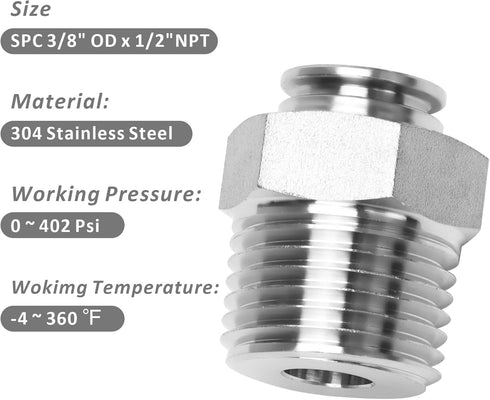 Push to Connect Fitting - 304 Stainless Steel Male Straight 3/8" Tube OD x 1/2" NPT Thread (Pack of 2)