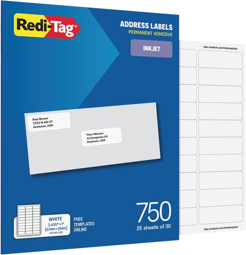 Redi-Tag Address Labels, 750 Blank (25 Sheets of 30), 1" x 2.625",