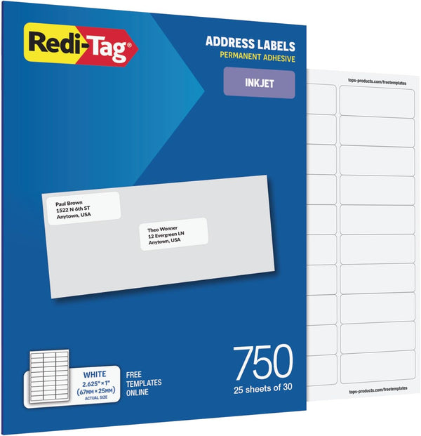 Redi-Tag Address Labels, 750 Blank (25 Sheets of 30), 1" x 2.625",