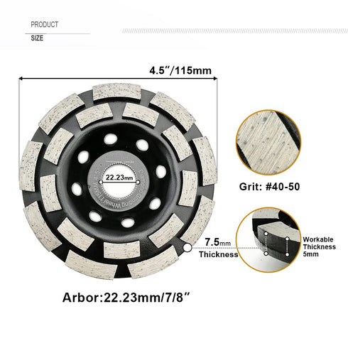 SHDIATOOL 4-1/2 Inch Double Row Diamond Grinding Cup Wheel for Concrete and Granite