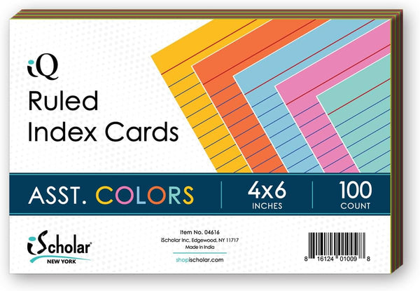 iScholar Index Cards, Assorted Colored, Ruled, 4 x 6 Inches, 100 Card Pack