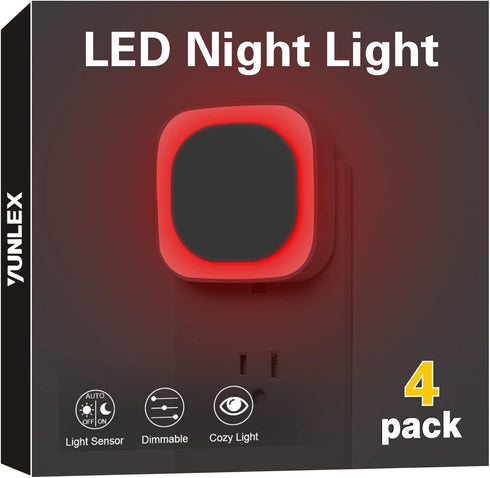 YUNLEX 4 Pack Red Night Light with Dusk to Dawn Sensor, Eye-Care Reflected
