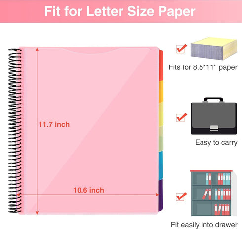 24 Pocket Project Organizer, Forvencer 1/3-cut Tab Binder Organizer with Sticky Labels, Multi Pocket Folder with Zipper Pouch, Folder Binder Spiral Pocket Notebook, Office Supplies, Letter Size, Blush by Forvencer
