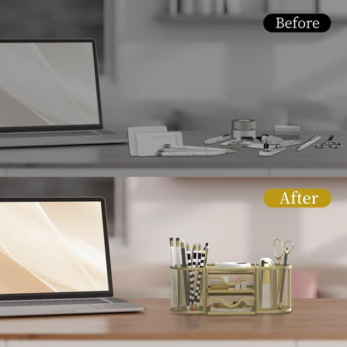 SUPEASY Mesh Desk Organizer, Desk Accessories with Pen Holder and 2 Drawers for Office Supplies - Golden Yellow