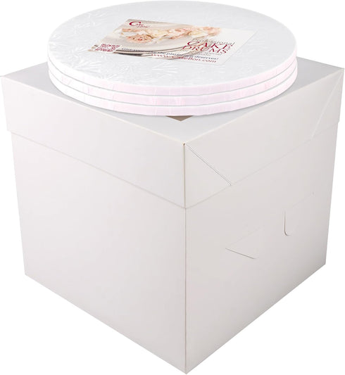 Cakebon Cake Boxes with Cake Drums, White 8 inch, 3-pack for Birthdays, Weddings, Christmas Parties
