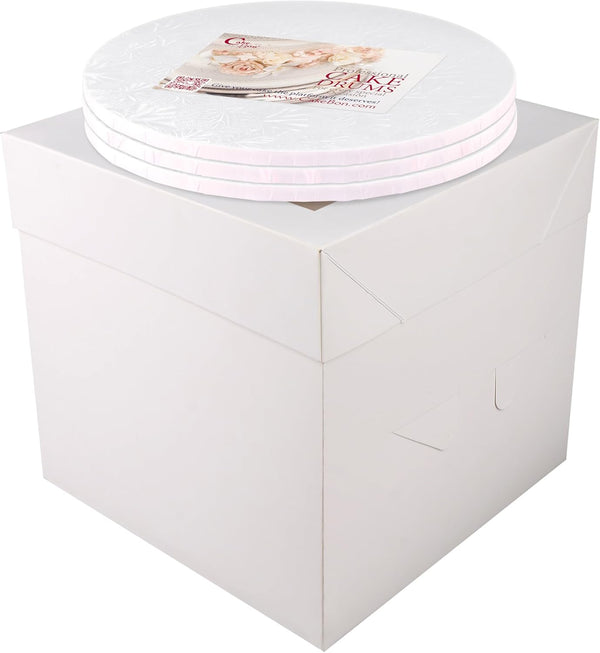 Cakebon Cake Boxes with Cake Drums, White 8 inch, 3-pack for Birthdays, Weddings, Christmas Parties