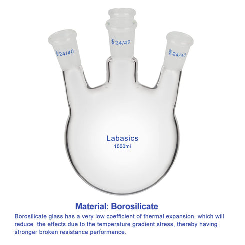 4 Neck Round Bottom Flask RBF, Heavy Wall Borosilicate Glass, 1000 ml, 4 Bevel Necks, 24/40 Joint