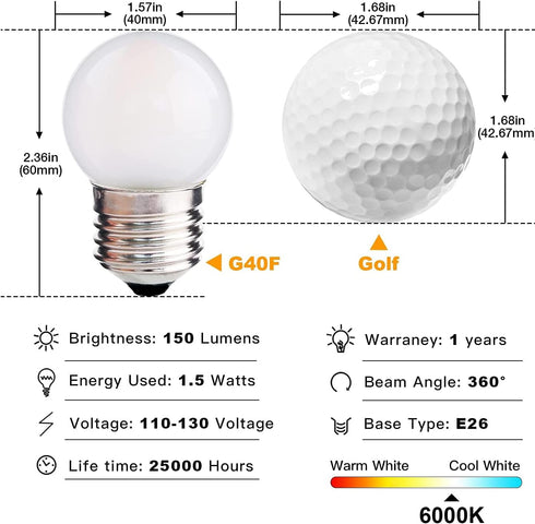 Globe Led Low Watt Light Bulbs 1.5W Equivalent 15 watt Soft White 6000k Frosted, Tiny G40 Bulbs for bed-side table, Vanity Mirror, Porch, Home Decor, E26 Base Low Lumens Light Bulbs, Pack of 6 by Sphoon
