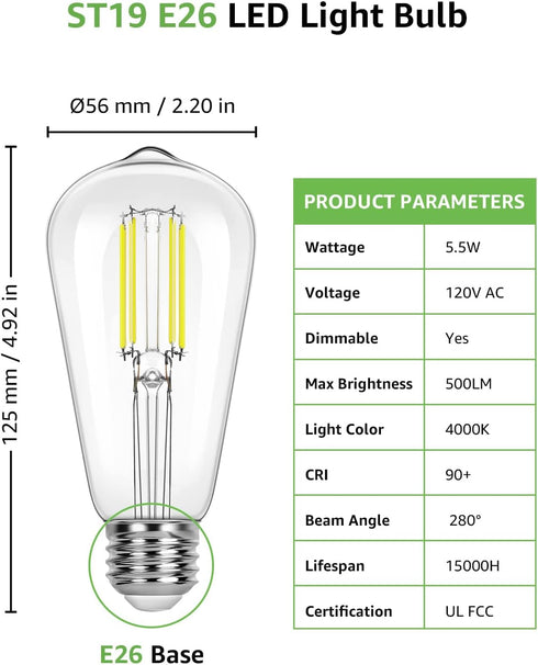 Lepro Dimmable LED Edison Bulbs 4000K Netural White, 5.5W, 60 Watt Equiv. E26 Light Bulbs Medium Base ST19 Edison Light Bulb Antique Style Filament Vintage Decoration, Clear Glass 500 Lumen, 6-Pack by Lepro