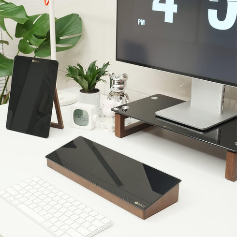 Desktop Black Glass Dry Erase Board with Wood Organizers for Small Office Supplies, Drawer Included