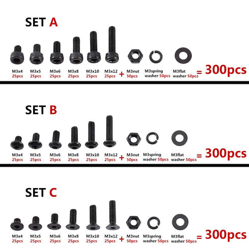 300pcs M3 Black Alloy Steel Hex Socket Screws Nuts Washer Assortment Kit (Set A Head)