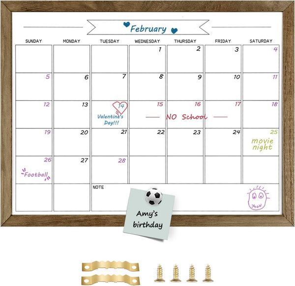 TORASO 17"x 23" Dry Erase Monthly Calendar Board - Magnetic Whiteboard with Rustic Brown Frame