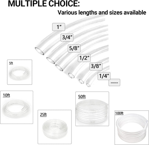 1’’ ID × 1-1/4’’ OD - 5 ft Clear Plastic Vinyl Tubing, Flexible PVC Hose for Transfer Water Air Oil