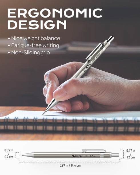 Nicpro 0.7mm Mechanical Pencil Set, 4 Pack with Case and 8 Tube HB #2 Lead Refill