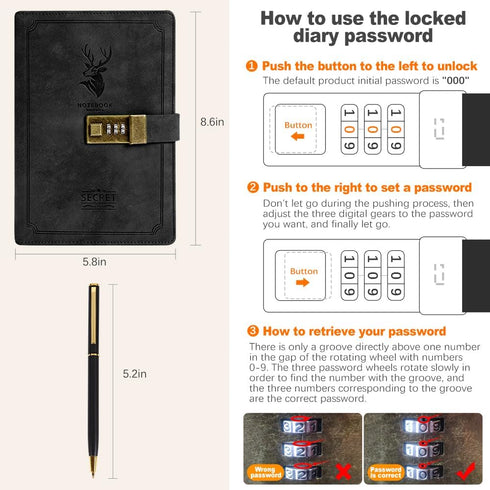 ZukoCert Journal With Lock A5 PU Leather Diary With Lock 240 Pages, Retro Journal With Lock And Key To Protect Your Privacy, Unisex.(Deer Head Style, Black) by ZukoCert