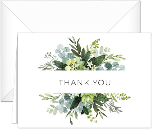 Lush Greenery Thank You Notes, 24 Cards with White Envelopes, 4 Green Floral Designs, 3 1/2" x 4 7/8"