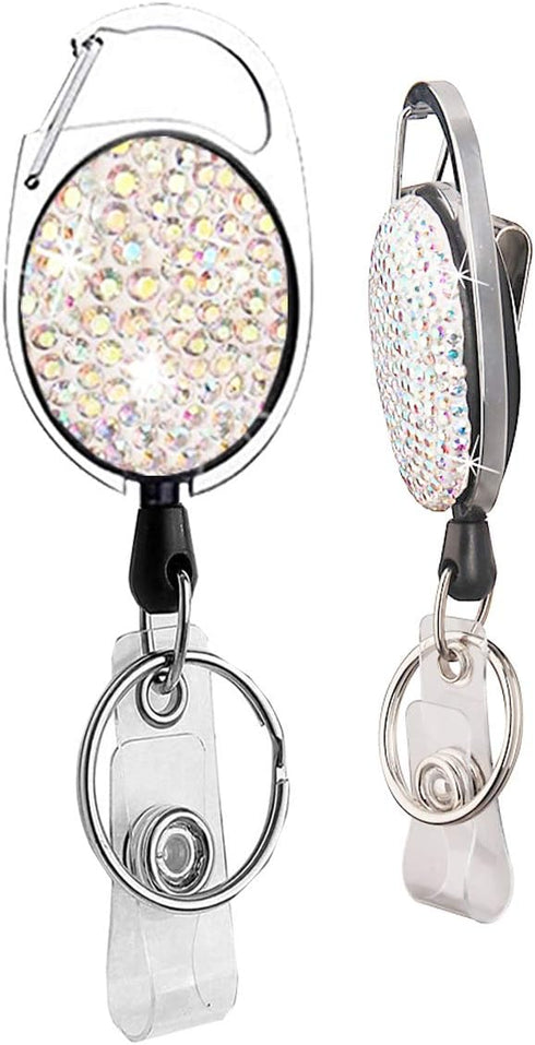HASFINE Retractable Badge Reel with Colorful Bling Rhinestone Design, Durable Cord, Belt Clip & Key Ring Holder