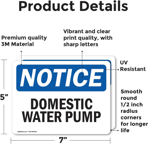 (2 Pack) Domestic Water Pump OSHA Notice Sign 7 Inch X 5 Inch Vinyl Label Decal Sticker Weather Resistant, UV Protected for Workplace, Business, and Construction Site, Made in the USA