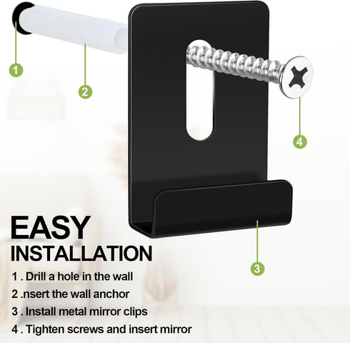 12 Pcs Heavy Duty Metal Mirror Holder Clips, Wide Channel Frameless Mirror Mounting Hardware with Screw Fit 1/4" (Black)