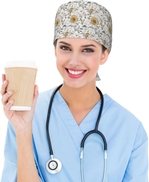 Scrub Cap for Women and Men Boho Black Leaf Pattern Adjustable Breathable Sweatband Hat for Work Kitchen Spa Shower