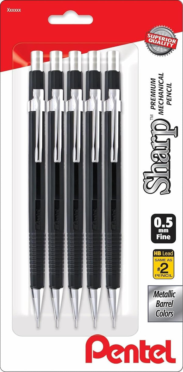 Pentel Sharp Mechanical Pencil, Pack of 5 Black Mechanical Pencils 0.5 mm