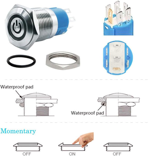 WerFamily Tri-color LED Momentary Push Button Switch, 16mm, 1NO 1NC SPDT ON/OFF Waterproof with Wire Socket Plug