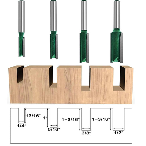 Plus Double Flute Straight Router Bit Set, 1/4 Inch Shank. Cutting Diameter in 1/4”, 5/16”, 3/8”, 1/2”. with Updated C3 Carbide Straight Cut Router Bits