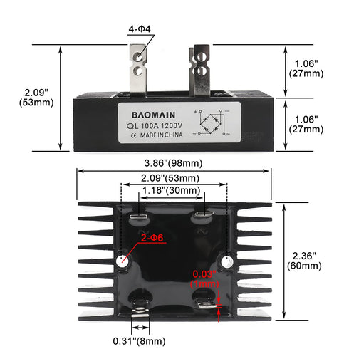 Baomain 100A Amp 1200V Volt Diode Bridge Rectifier in Metal QL100A