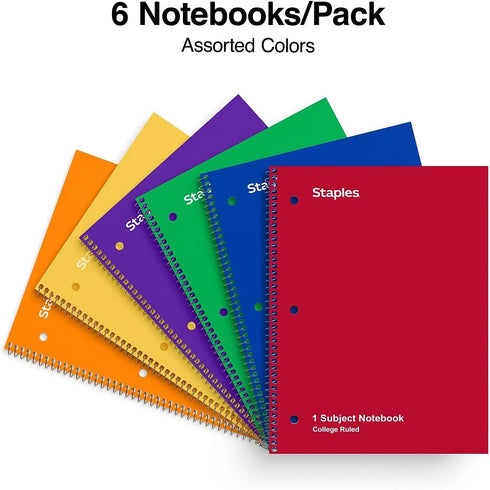 Staples 1-Subject Notebooks, 8" x 10.5", College Ruled, 70 Sheets, 6/Pack (ST58376C)