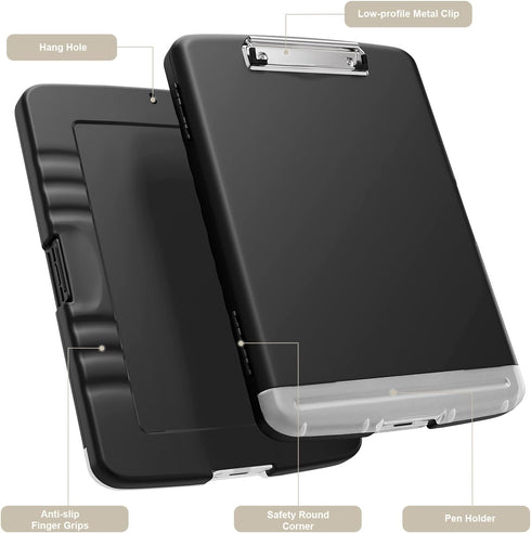 Piasoenc Clipboard with Storage, 8.5 x 11 Organization Box with Pen Holder, Black Folio & Side-Opening