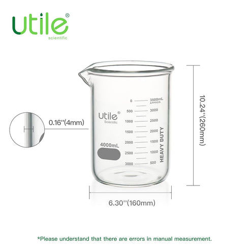 Utile Beaker Set, 1pc Low Form Heavy Duty Glass Beaker, 4000mL, Borosilicate 3.3 Glass